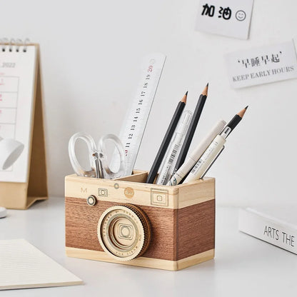 Simple Camera Pen Holder Home Decor Retro Office Study Desk Decoration Stationery Container Wooden Crafts Gift for Students