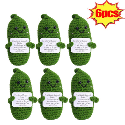 Handmade Emotional Support Pickle Crochet Funny Sour Cucumber Knitted Pickle with Positive Card Cheer up Gift Crochet Decor