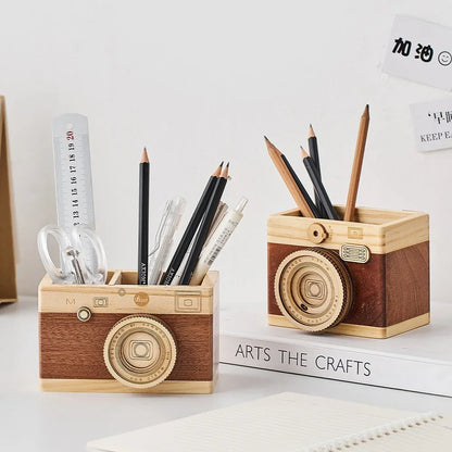 Simple Camera Pen Holder Home Decor Retro Office Study Desk Decoration Stationery Container Wooden Crafts Gift for Students