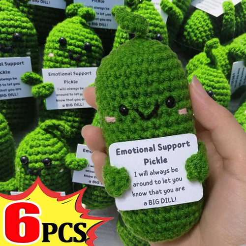 Handmade Emotional Support Pickle Crochet Funny Sour Cucumber Knitted Pickle with Positive Card Cheer up Gift Crochet Decor