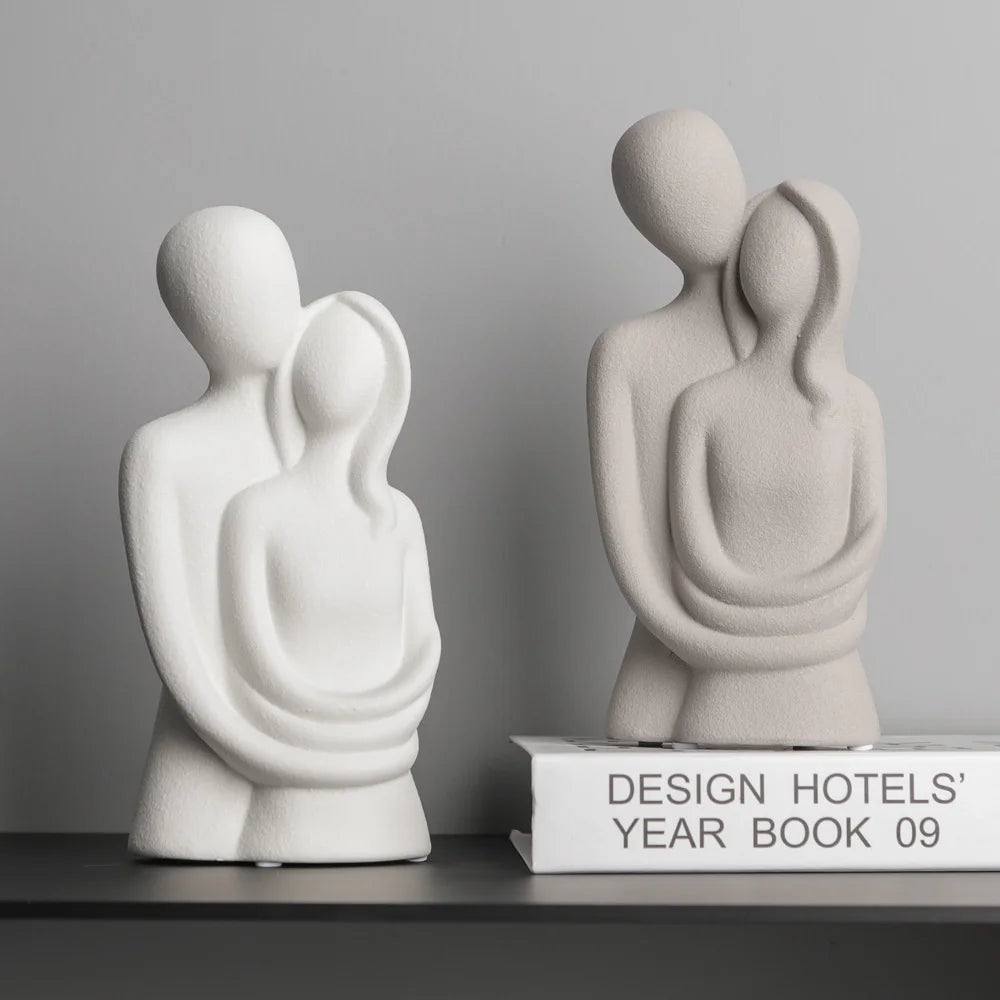 Nordic Abstract Couple Sculpture, Lover Hugging Characters, Frosted Ceramic Statues, Plain White/Grey Figurines, Wedding Gifts