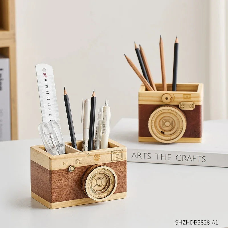 Simple Camera Pen Holder Home Decor Retro Office Study Desk Decoration Stationery Container Wooden Crafts Gift for Students