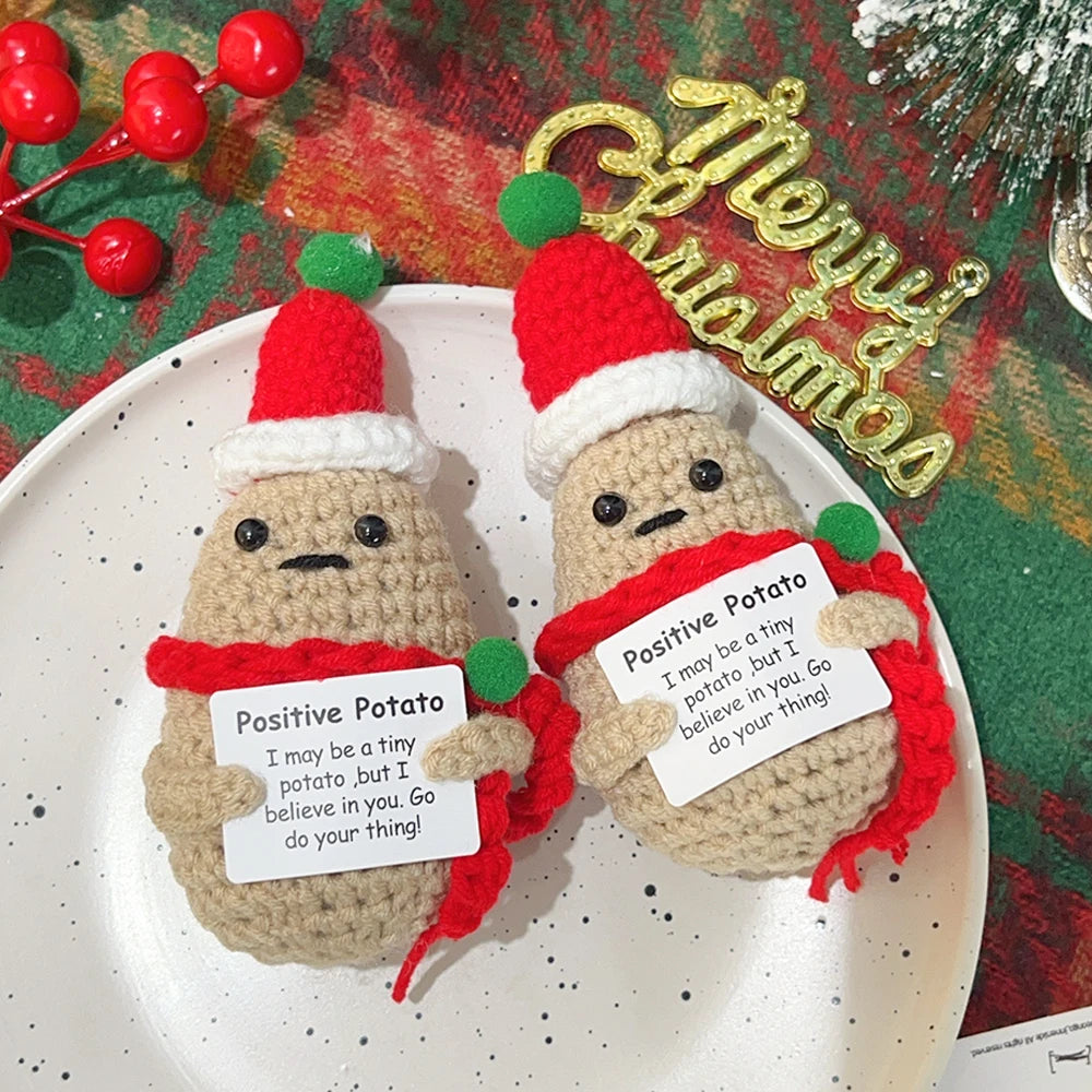 1-5Pcs Emotional Support Potato Christmas Positive Energy Stuffed Doll Crochet Knitting Potatoes With Santa Hat New Year Decor