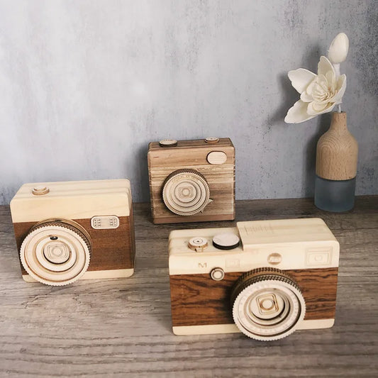 Handmade Decorative Wooden Vintage Camera Music Box Creative Rotating Shutter Retro Camera Box Graduation Birthday Cartoon Gift