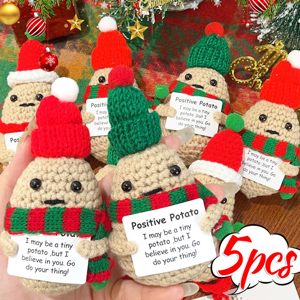 1-5Pcs Emotional Support Potato Christmas Positive Energy Stuffed Doll Crochet Knitting Potatoes With Santa Hat New Year Decor