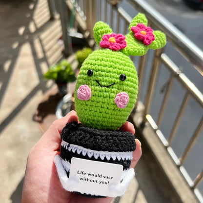 Mini Cute Crochet Flowers Finished Handmade Cactus Roses Potted Plants Handmade Bouquets Home Desktop Decorations