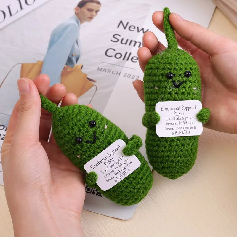 Handmade Emotional Support Pickle Crochet Funny Sour Cucumber Knitted Pickle with Positive Card Cheer up Gift Crochet Decor