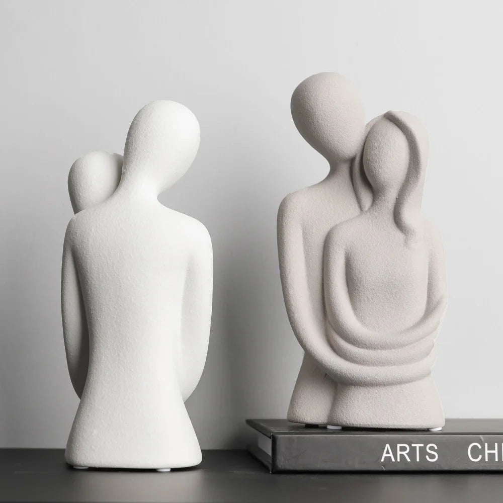 Nordic Abstract Couple Sculpture, Lover Hugging Characters, Frosted Ceramic Statues, Plain White/Grey Figurines, Wedding Gifts