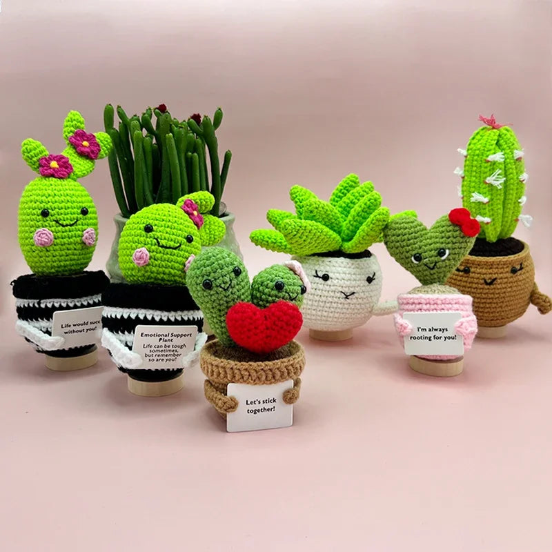 Mini Cute Crochet Flowers Finished Handmade Cactus Roses Potted Plants Handmade Bouquets Home Desktop Decorations