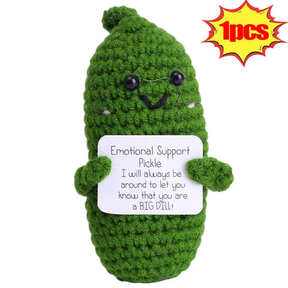 Handmade Emotional Support Pickle Crochet Funny Sour Cucumber Knitted Pickle with Positive Card Cheer up Gift Crochet Decor