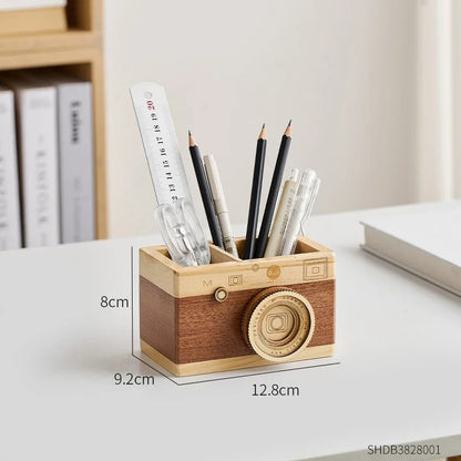 Simple Camera Pen Holder Home Decor Retro Office Study Desk Decoration Stationery Container Wooden Crafts Gift for Students