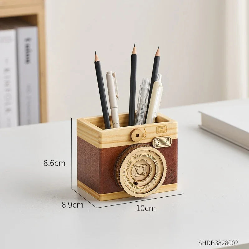 Simple Camera Pen Holder Home Decor Retro Office Study Desk Decoration Stationery Container Wooden Crafts Gift for Students