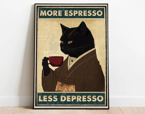 Retro Metal Tin Sign 5.5 X 8 Inches More Espresso Less Depresso Poster Drinking Poster Coffee Lover Gift Funny Black Cat Wall Ar