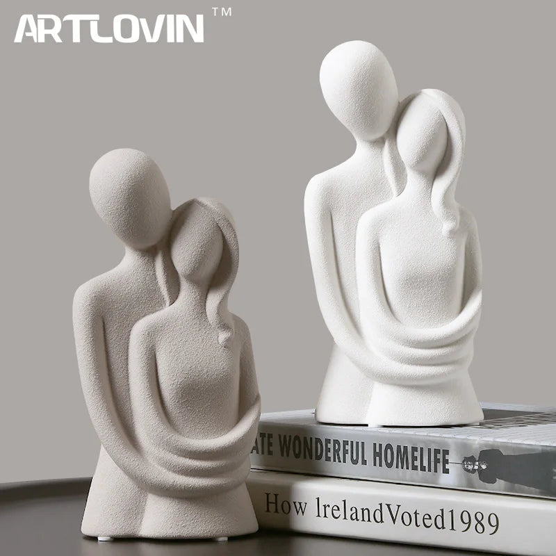 Nordic Abstract Couple Sculpture, Lover Hugging Characters, Frosted Ceramic Statues, Plain White/Grey Figurines, Wedding Gifts