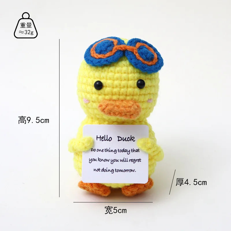 Crochet Positive Energy Duck Doll with Card Christmas Party Gift Handmade Yarn Wool Knitted Animal Ornament Home Room Decoration