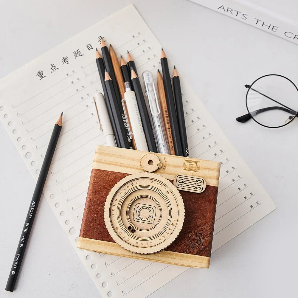 Simple Camera Pen Holder Home Decor Retro Office Study Desk Decoration Stationery Container Wooden Crafts Gift for Students