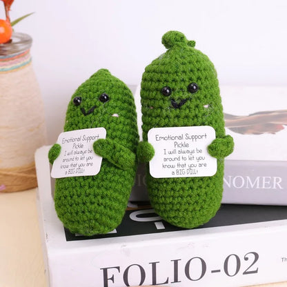 Handmade Emotional Support Pickle Crochet Funny Sour Cucumber Knitted Pickle with Positive Card Cheer up Gift Crochet Decor