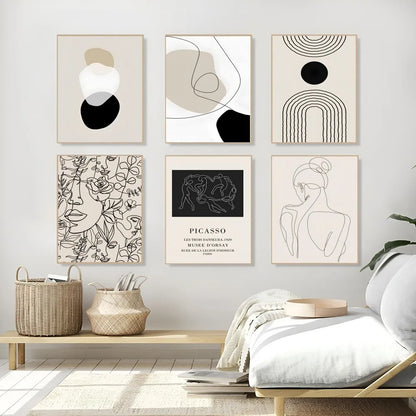 1PC Abstract Geometric Beige Black Boho Poster Self-adhesive Art Waterproof Paper Sticker Coffee House Bar Room Wall Decor