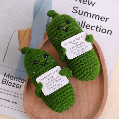 Handmade Emotional Support Pickle Crochet Funny Sour Cucumber Knitted Pickle with Positive Card Cheer up Gift Crochet Decor