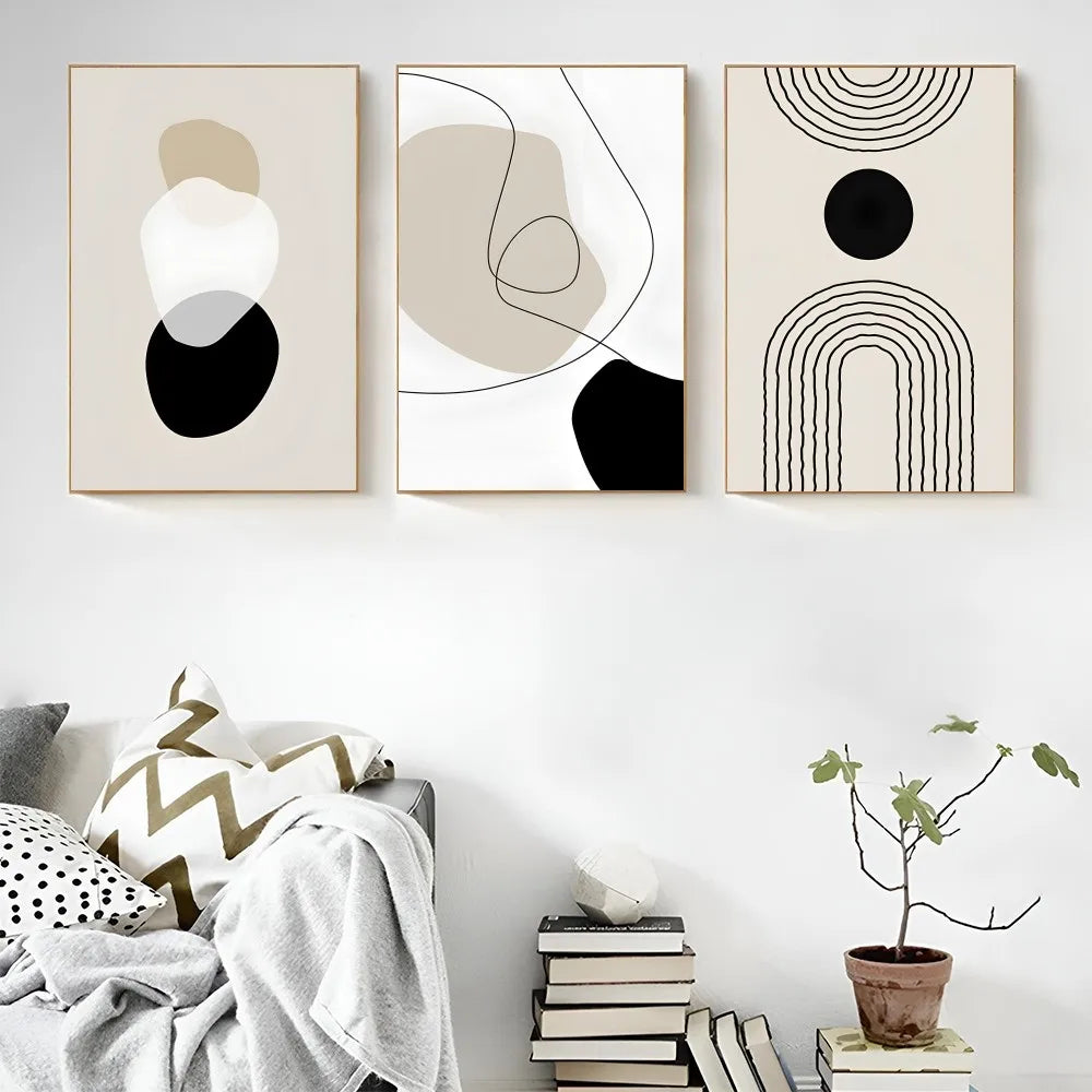 1PC Abstract Geometric Beige Black Boho Poster Self-adhesive Art Waterproof Paper Sticker Coffee House Bar Room Wall Decor