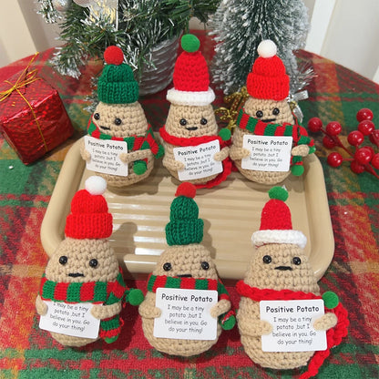 1-5Pcs Emotional Support Potato Christmas Positive Energy Stuffed Doll Crochet Knitting Potatoes With Santa Hat New Year Decor