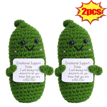 Handmade Emotional Support Pickle Crochet Funny Sour Cucumber Knitted Pickle with Positive Card Cheer up Gift Crochet Decor