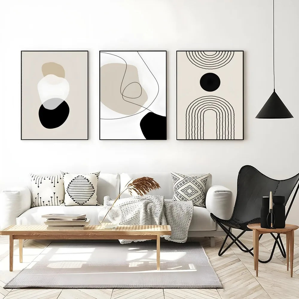 1PC Abstract Geometric Beige Black Boho Poster Self-adhesive Art Waterproof Paper Sticker Coffee House Bar Room Wall Decor