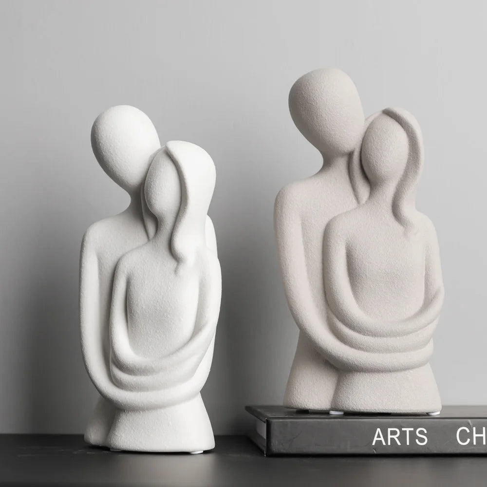 Nordic Abstract Couple Sculpture, Lover Hugging Characters, Frosted Ceramic Statues, Plain White/Grey Figurines, Wedding Gifts